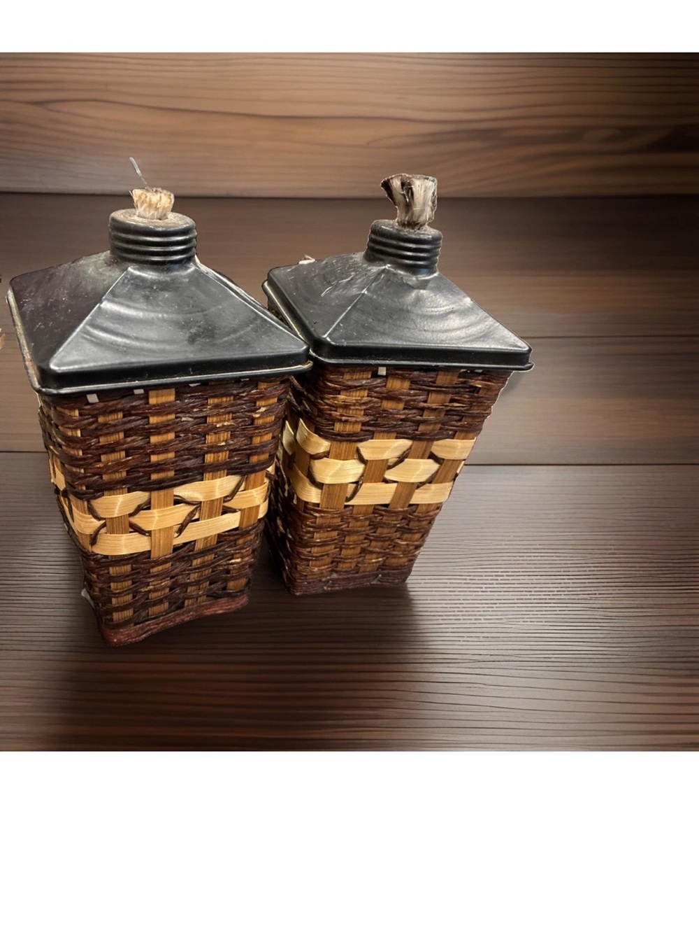 Woven Brown and Natural Tabletop Oil Lamps - Set of 2